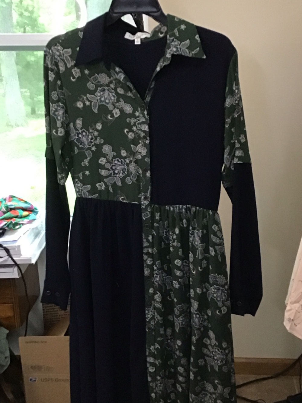 Anthropologie Pamela Love Green & Navy Floral Patchwork Long-Sleeve Dress